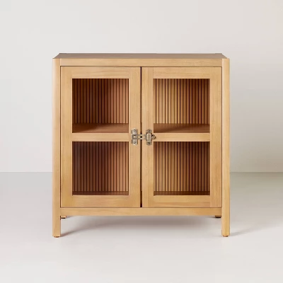 Grooved Wood With Glass 2-Door Cabinet - Natural - Hearth & Hand™ With Magnolia 2 Grooved Wood With Glass 2-Door Cabinet - Natural - Hearth & Hand™ With Magnolia - Image 2