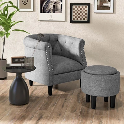 Costway Modern Accent Chair With Ottoman Armchair Barrel Sofa Chair With Footrest Grey 1 Costway Modern Accent Chair With Ottoman Armchair Barrel Sofa Chair With Footrest Grey