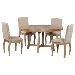 5 PCS Round Wood Extendable Dining Table Set With 4 Upholstered Dining Chairs-ModernLuxe -HOMCOM Store GUEST 62a0d22f 09b3 4f40 a197 cc20893dc552