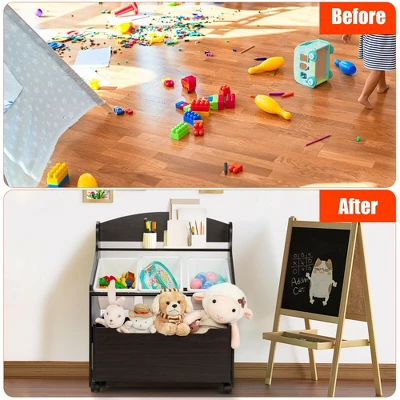 Costway Kids Wooden Toy Storage Unit Organizer W/Rolling Toy Box & Plastic Bins NaturalEspresso 9 Costway Kids Wooden Toy Storage Unit Organizer W/Rolling Toy Box & Plastic Bins NaturalEspresso - Image 9