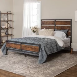 Queen Urban Chic Metal And Wood Plank Bed Brown - Saracina Home